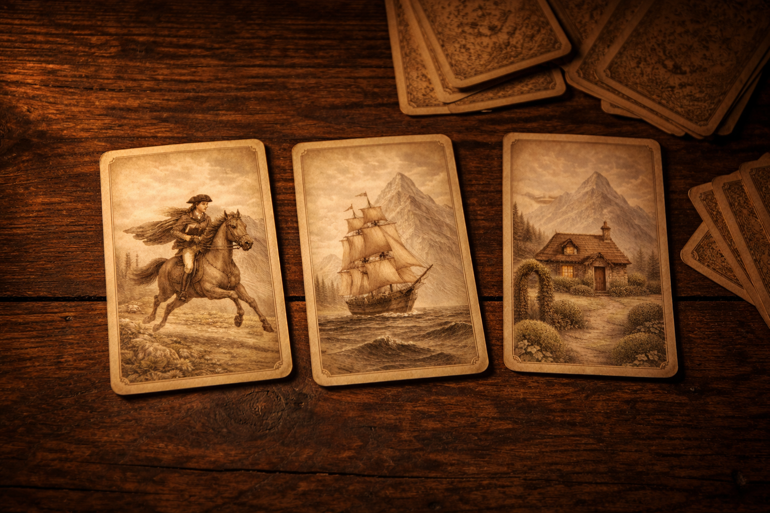 Three Lenormand cards on a dark oak table